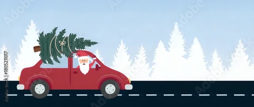 santa drive with red car and christmas tree in snowy winter landscape illustrated animation