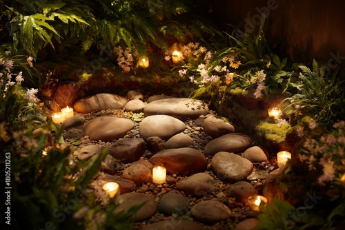 Relaxing Evening Candles and Stones in a Serene Garden Setting During Twilight