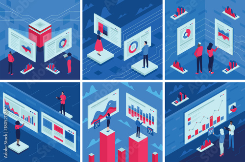 Data visualization set of isometric illustrations, banners. Data tools finance diagram. 3D statistical and marketing vector elements for web site, presentation, apps, infographics