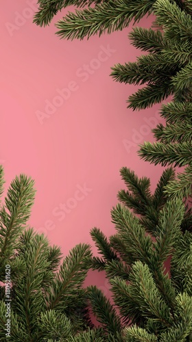 Green Pine Branches Frame a Pink Background, Perfect for Holiday Decorations ...