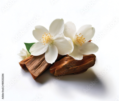  sandalwood and sandalwood powder, Jasmine flowers with green leaves isolated on a white background. isolated