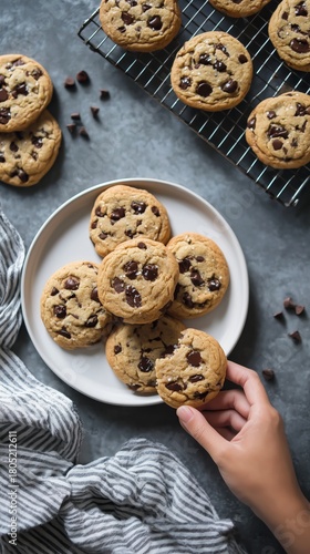 Freshly Baked Chocolate Chip Cookies on a Plate With Additional Cookies Cooli...