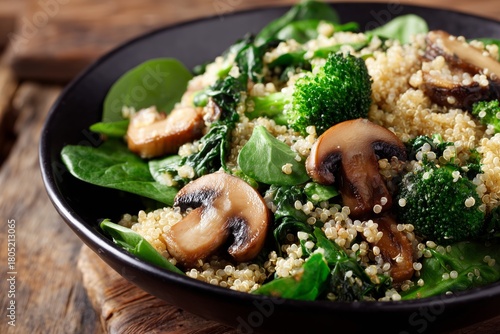 Healthy Quinoa Salad With Mushrooms and Spinach Served in a Black Bowl