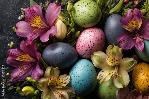 Colorful Decorated Eggs Surrounded by Flowers for Easter Celebration Festivities