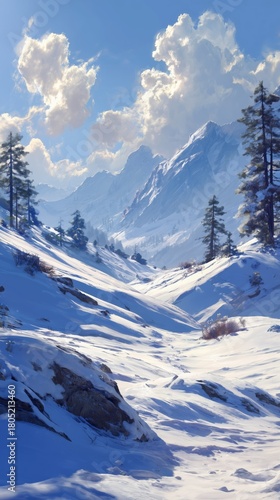 Snowy Mountain Landscape With Tall Trees and Blue Skies During Winter Morning