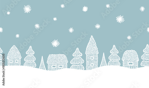 Knitted Houses, Trees. Winter Seamless Border. Knitted Christmas Village. Winter Landscape. White Houses, Fir Trees, Snow on Light Blue Background. Vector Illustration