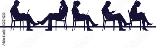 Silhouette people waiting room vector illustration with laptop and phone use concept design vector