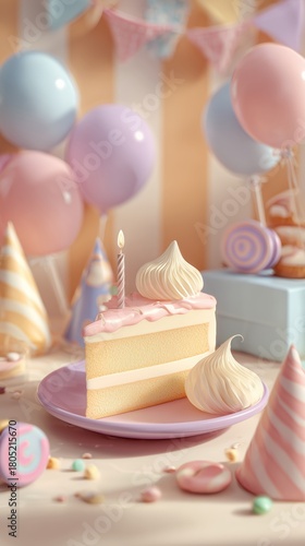 Celebration With Pastel Balloons and a Slice of Birthday Cake on a Festive Table