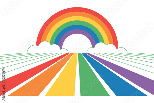 A vibrant rainbow arches over a colorful path leading to a bright future.