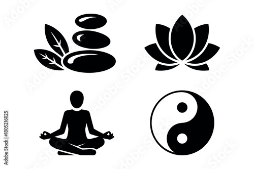 Four symbols represent meditation, balance, and mindfulness for well-being.