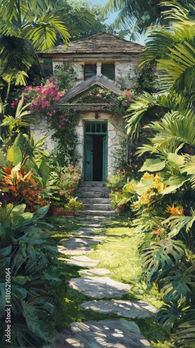 Beautiful Garden Pathway Leading to a Charming House Surrounded by Lush Green...