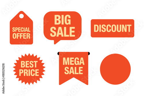 Various retail sale and discount tags are displayed on a white background.