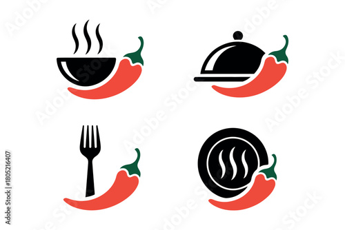 A collection of four icons representing food and spice, featuring chili peppers with culinary symbols.