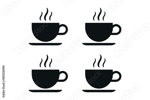 Four steaming cups of coffee are arranged in a pattern on a white background.
