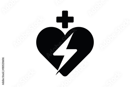 A heart symbol with a lightning bolt and a cross represents a defibrillator.