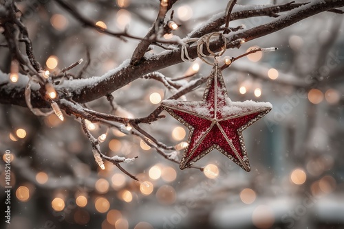 Winter Holiday Decoration With a Red Star Ornament Hanging on a Snow-Covered ...
