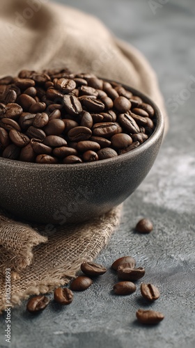 Coffee Beans in a Rustic Bowl on a Natural Fabric Background at a Cozy Kitche...