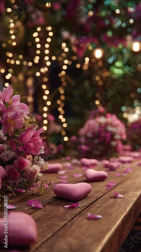 Romantic Setting With Flowers and Heart-Shaped Decorations for a Special Even...