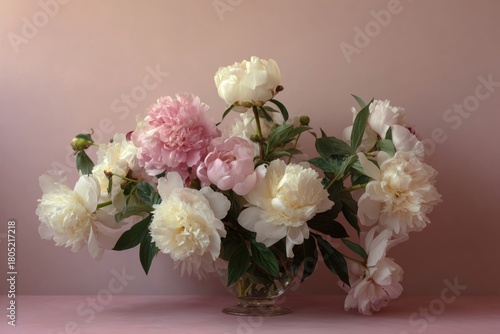 Beautiful Peonies Arranged in a Vintage Glass Vase on a Soft Pink Background