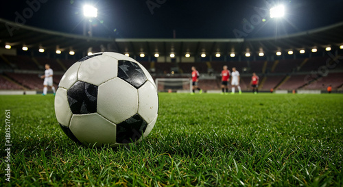 Classic football on grass at stadium, vibrant match-day scene