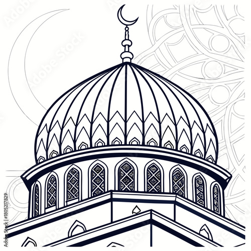 Illustration of a mosque dome with crescent moon and geometric patterns in black and white style art created with generated ai