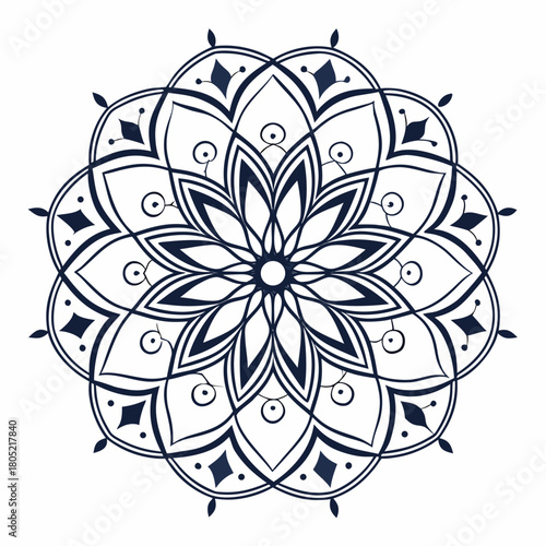 Detailed floral mandala design with symmetrical patterns and intricate geometric shapes in dark blue color created with generated ai