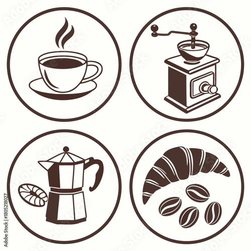 A collection of coffee related icons featuring a cup, grinder, moka pot, croissant and coffee beans created with generated ai
