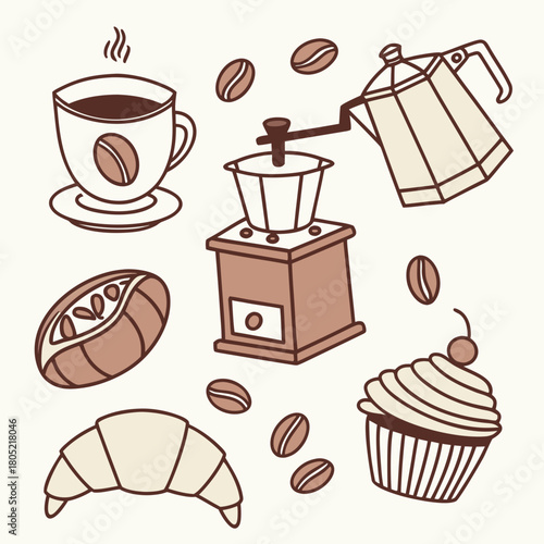 A delightful coffee and pastry arrangement featuring a grinder, pot, and assorted baked goods for a treat created with generated ai
