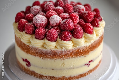 Beautiful Raspberry Cake Topped With Fresh Fruit and Creamy Frosting for a Sw...