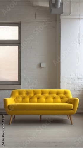 Bright Yellow Sofa in Modern Living Room With Stylish Lamp and Decor