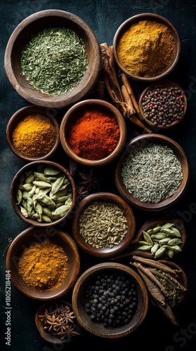 Colorful Collection of Spices Arranged in Wooden Bowls on a Dark Background