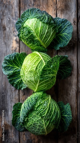 Fresh Green Cabbages Arranged on Rustic Wooden Table With Natural Lighting