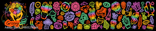 Groovy sticker. Retro rainbow rock, disco and punk music sticker icon. Cartoon flower, daisy, butterfly. 60s 70s neon grafitti or tattoo vector. Hippie music groovy graffiti set. Y2k summer rainbow bg