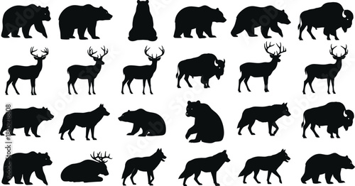 Vector silhouette illustration of wild animals bear deer wolf and bison for design and decoration