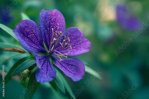 Bright Purple Flower Blooming Amidst Lush Green Leaves in a Shaded Garden