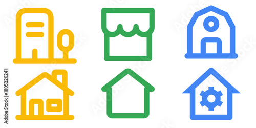 Fuel Pump, Storefront, Barn, and Residential Line Icons Pack