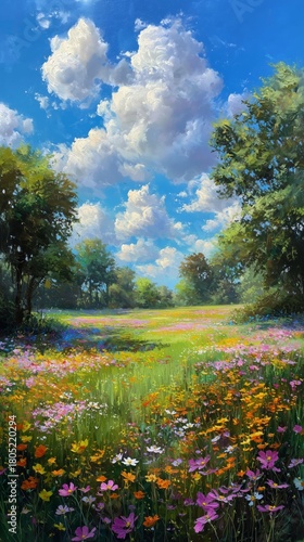 Vibrant Landscape Filled With Wildflowers Under a Bright Blue Sky and Fluffy ...