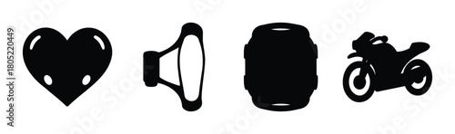 Assorted black silhouettes featuring heart, speaker, barrel, motorcycle