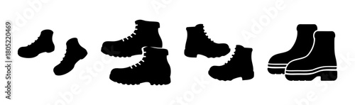 Collection of various shoe and boot silhouettes for footwear.
