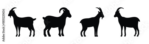 Four different goat silhouettes, standing, isolated on white.
