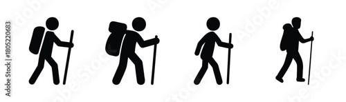 Stick figure icons of people walking with trekking poles set.