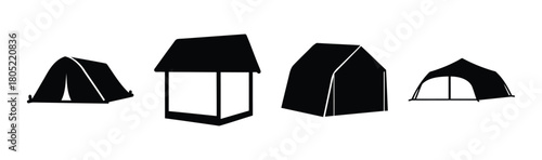 Simple black silhouette icons of varied tents and shelters.