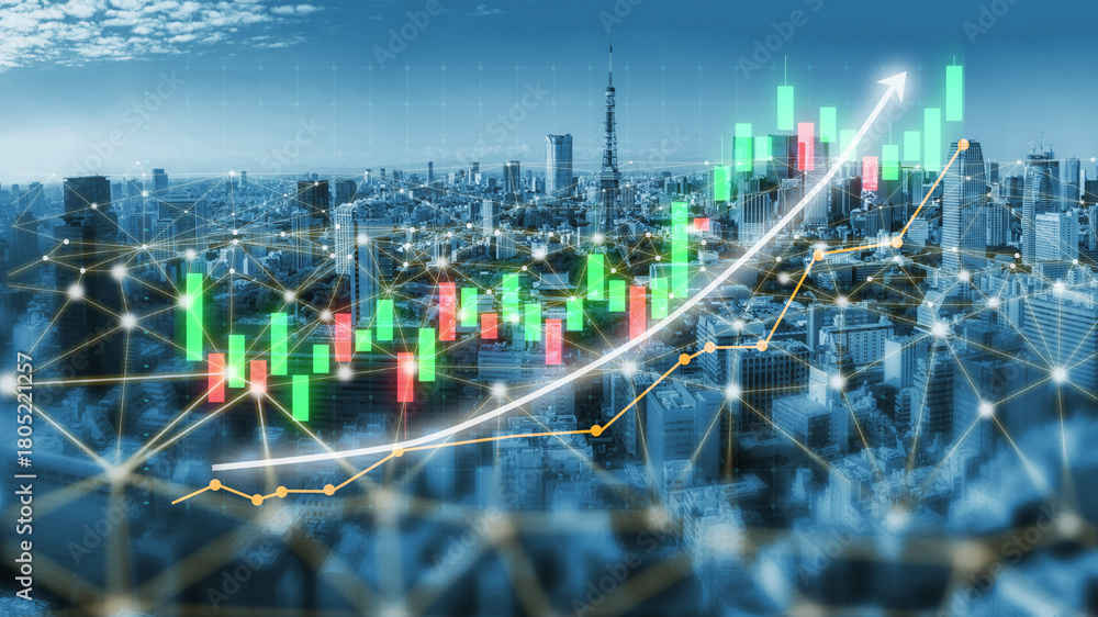 Fototapeta premium A panoramic view of an urban skyline overlaid with stock market data visualization, showcasing trends in finance and economic growth for analytical purposes. Impute