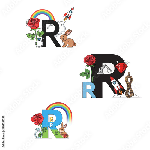Letter R whimsical designs for creative projects and branding, featuring roses, rainbows, space rockets, a diamond, bunny, and an industrial robot arm