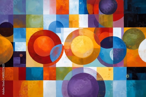 Colorful Abstract Mural Featuring Vibrant Circles and Geometric Shapes in a L...