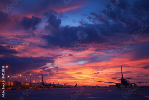 Stunning Sunset Over the Airport With Airplanes Parked Under Colorful Skies