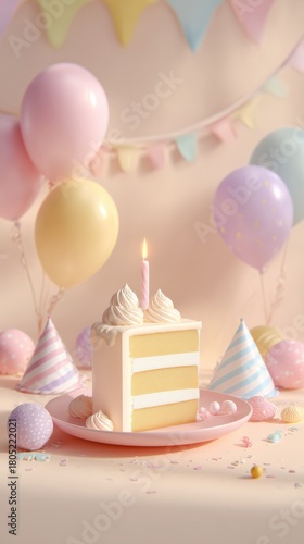 Celebration With Pastel Balloons and a Slice of Birthday Cake on a Festive Table