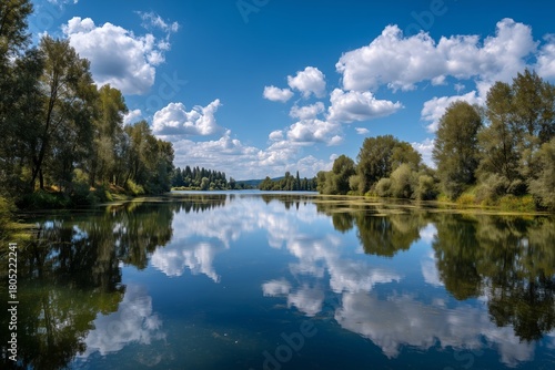 Serene River Landscape With Clouds Reflecting in Calm Waters on a Sunny Day