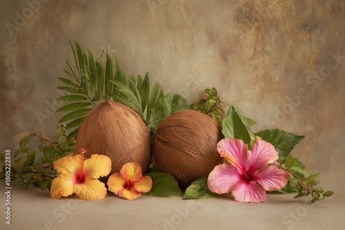 Decorative Arrangement of Coconuts With Tropical Flowers and Leaves on a Wood...