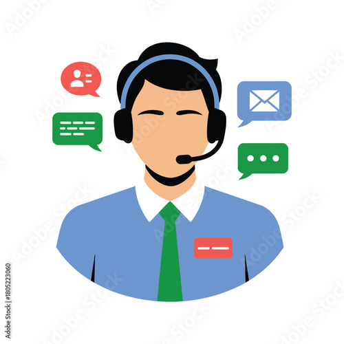 Customer support agent with headset surrounded by communication icons, representing online assistance and dialogue.